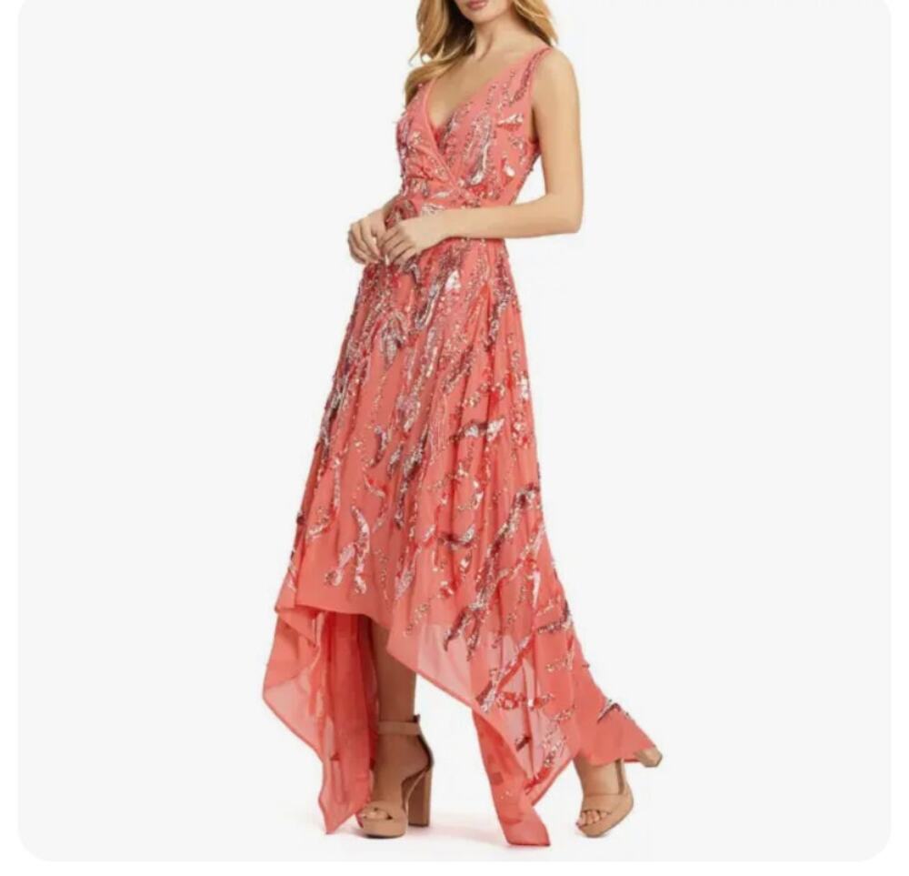 Mac Duggal 10524D Coral Peach Handkerchief Skirt Sequin Dress V Neck 6
